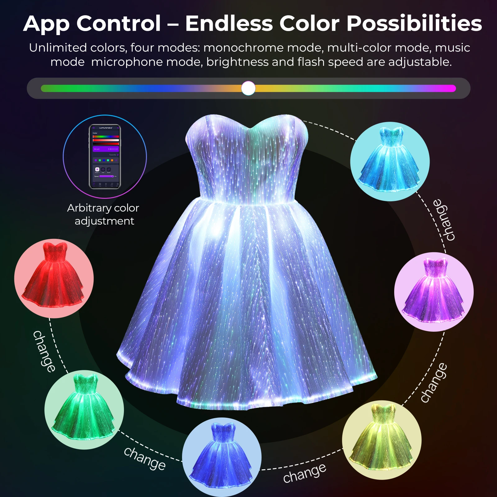 LumisonMiLight-Robe de soirée en fibre optique, robes sexy, contrôle d'application pour la fête