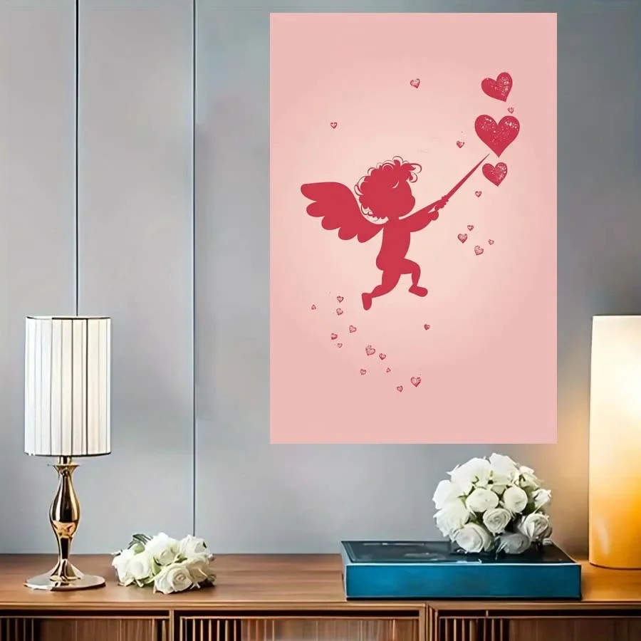 Valentine's Day Cherub Red Heart Pink Background Frameless Canvas Painting Wall Art for Living Room Bedroom Whimsical Home De
