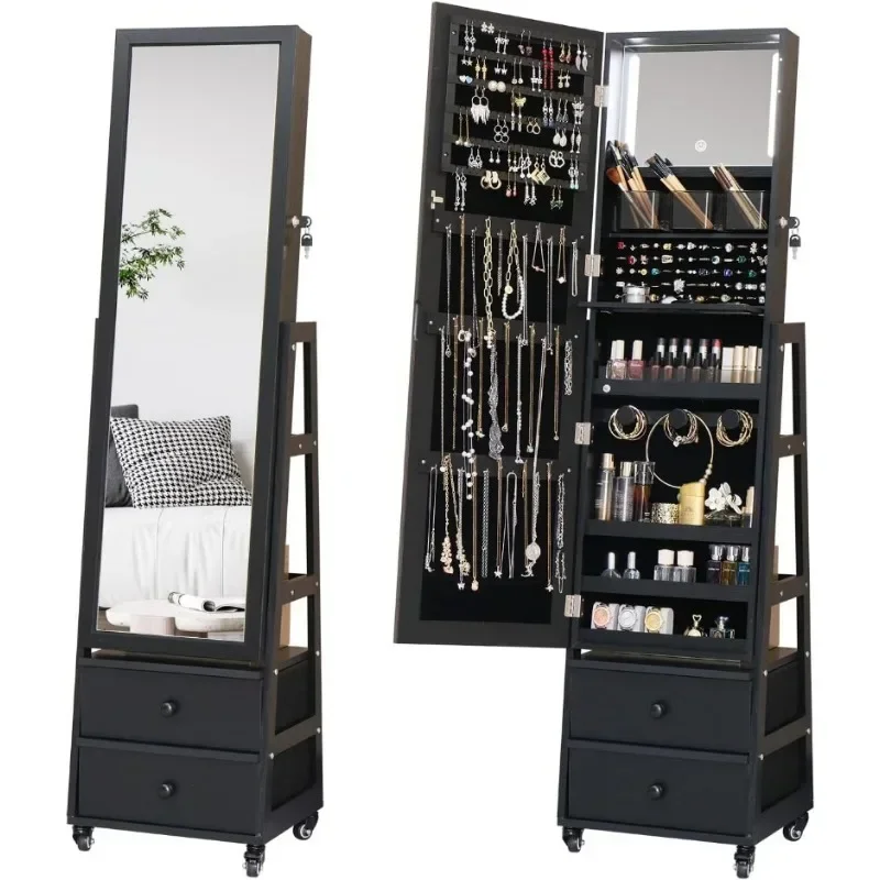 l Cabinet with Mirror,Full Length Mirror Large Capacity Jewelry Organizer Armoire,Floor Standing Mirror with Back Storage Shelv