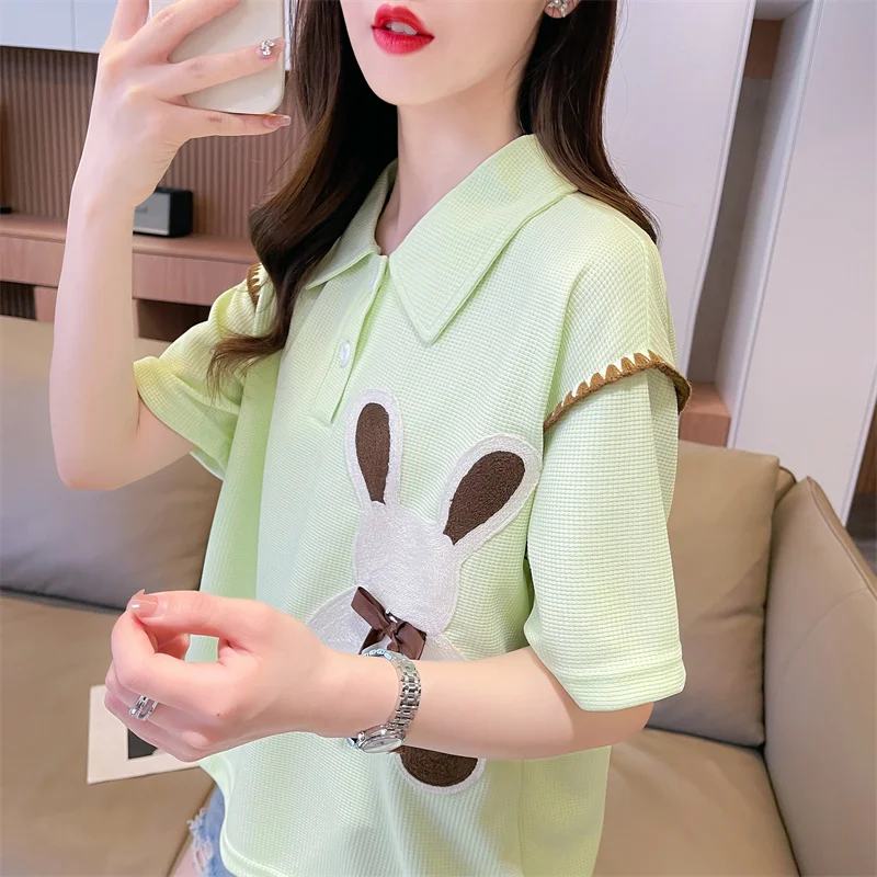 Casual Turn-down Collar Loose T-shirt Summer Fashion Cartoon Patch Designs Women's Clothing Spliced All-match Button Pullovers