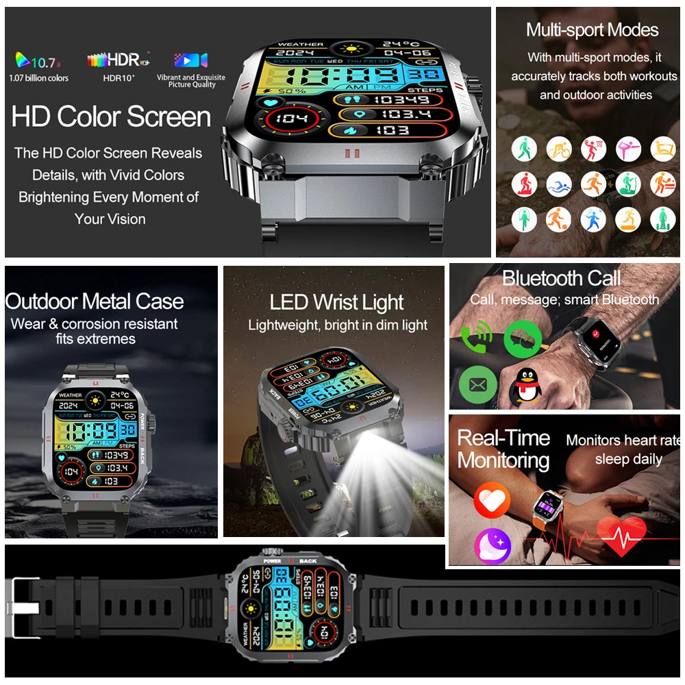 ساعة ذكية للرجال رياضية خارجية بلوتوث مكالمة 1.91 بوصة شاشة كاملة تعمل باللمس مصباح يدوي 110 + وضع رياضي ساعة ذكية 2025 جديد