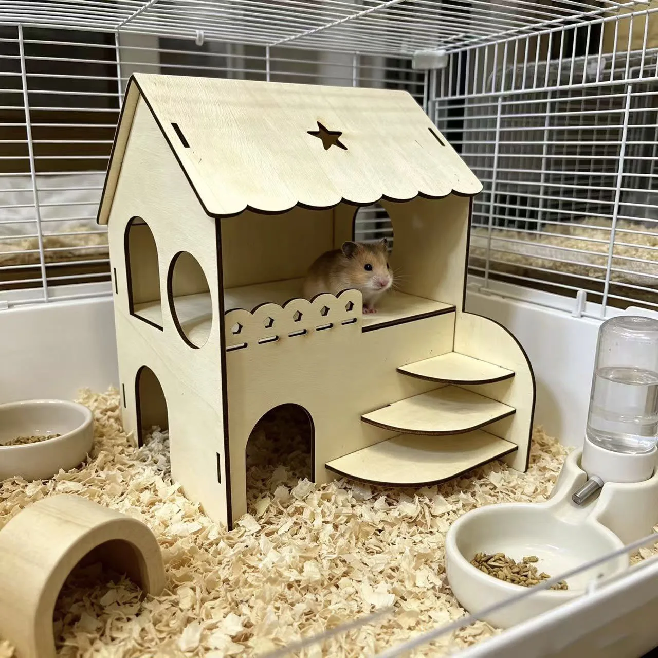 Maison en bois à deux étages pour hamster avec escalier, plateforme cachette pour hamster doré, décoration intérieure spéciale pour cage à jouets