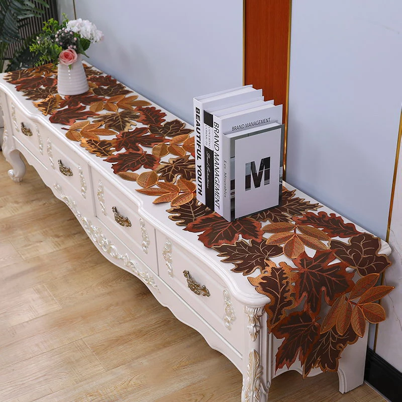 1pc Autumn Maple Leaf Embroidered Table Runner, Flocked Brown Maple Design, Rustic Farmhouse Thanksgiving Harves