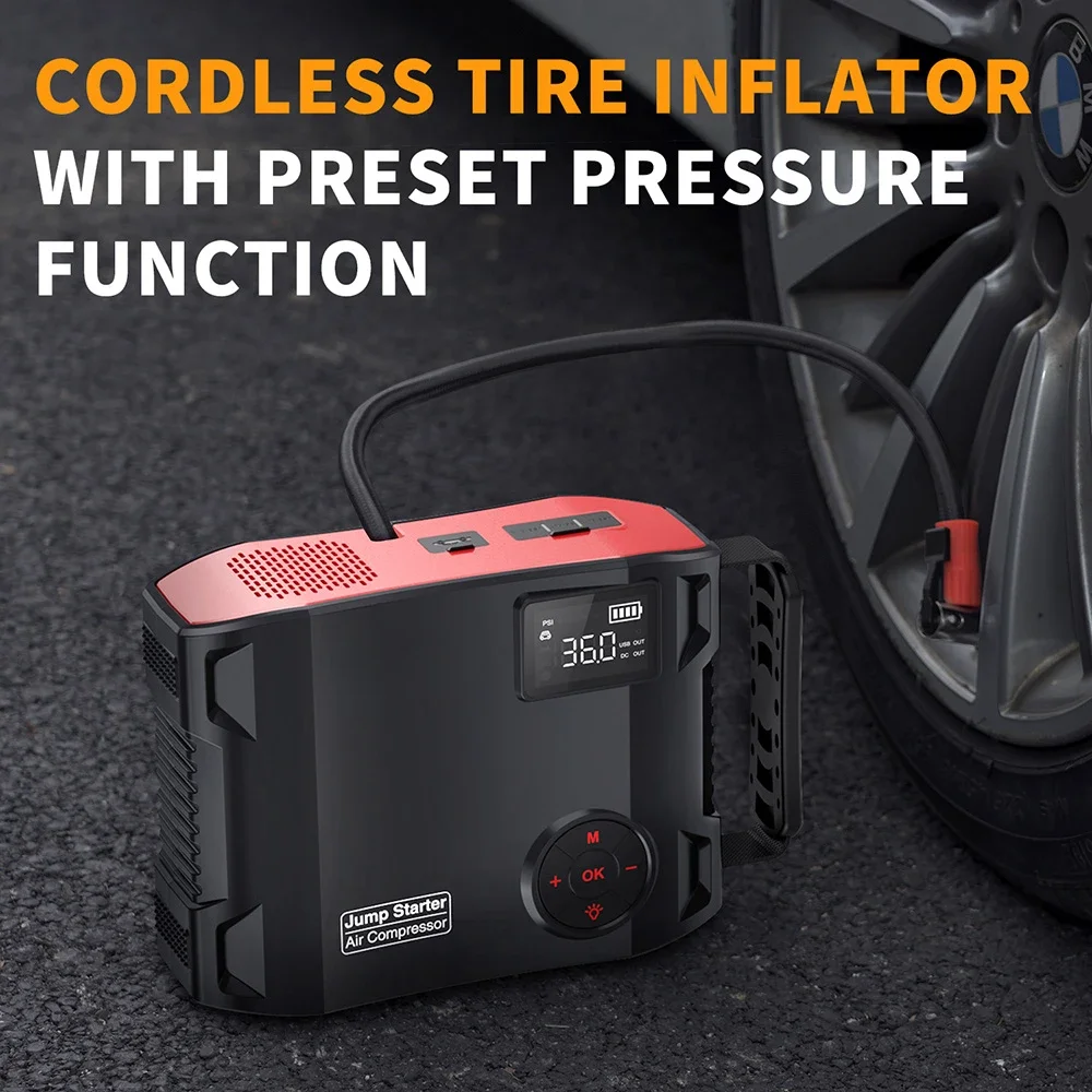 2000A Jump Starter  Power Bank Wireless Tire Inflator LED Air Compressor 150PSI Air Pump Bicycle Car