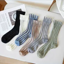 Ultra-thin Cute Mesh Summer Transparent For Women Glass Silk Socks Female Hosiery Striped Socks Middle Tube Socks