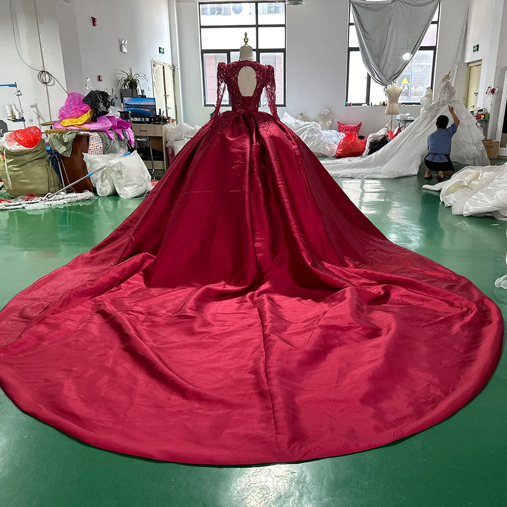 Jancember Long Sleeves Ball Gown Red Wedding Dresses Vestido De Noiva Sparkly Beading Floor-Length Formal Bridal Gowns HOT Sale