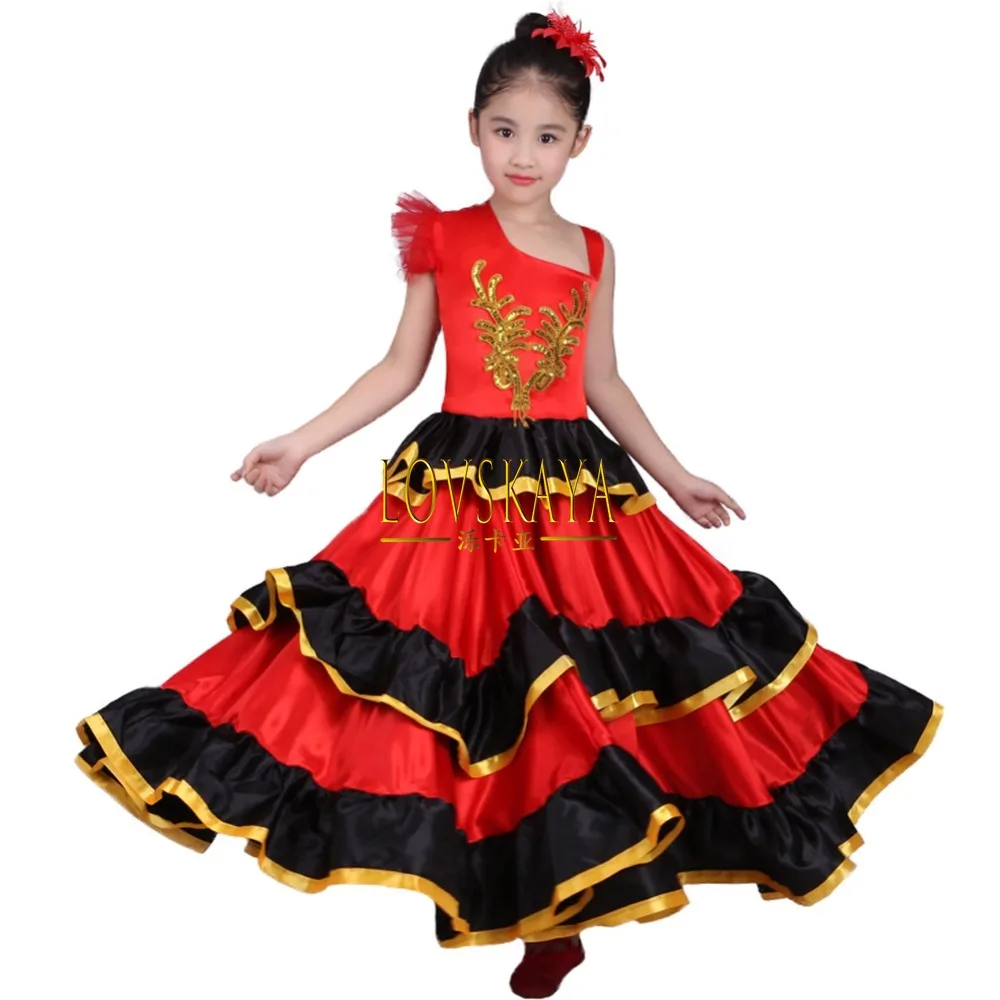 Vestido de danza del vientre rojo para niñas, disfraz de Flamenco español, vestido Tribal de salón con flor de cabeza