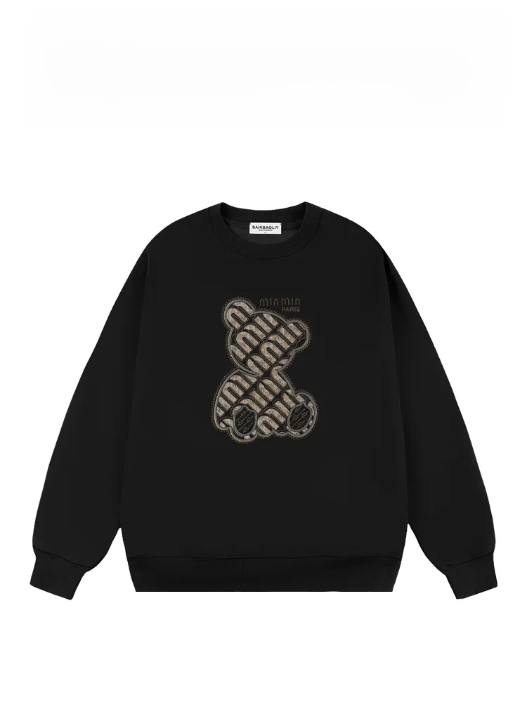 

Модный свитшот BAIRBAOLIY с 3D-вышивкой в виде буквы M и алмазного медведя, коллаборационная серия, круглый вырез, городской стиль, хлопок
