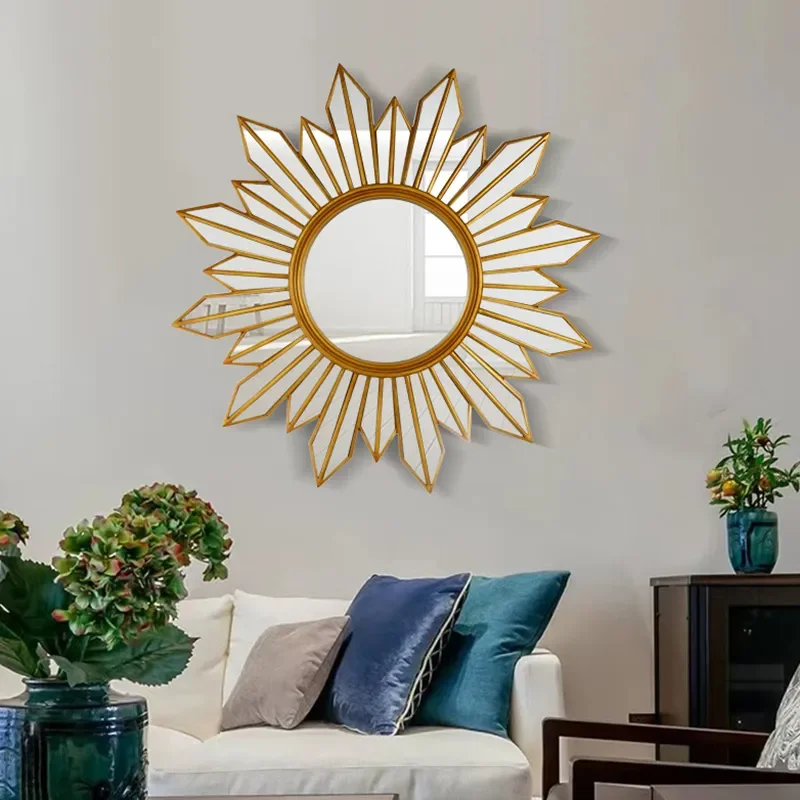 2026 New American Creative Luxury Sun Shaped Wall Mounted Decorative Mirror for Living Room Entrance Non Wrought Iron Design