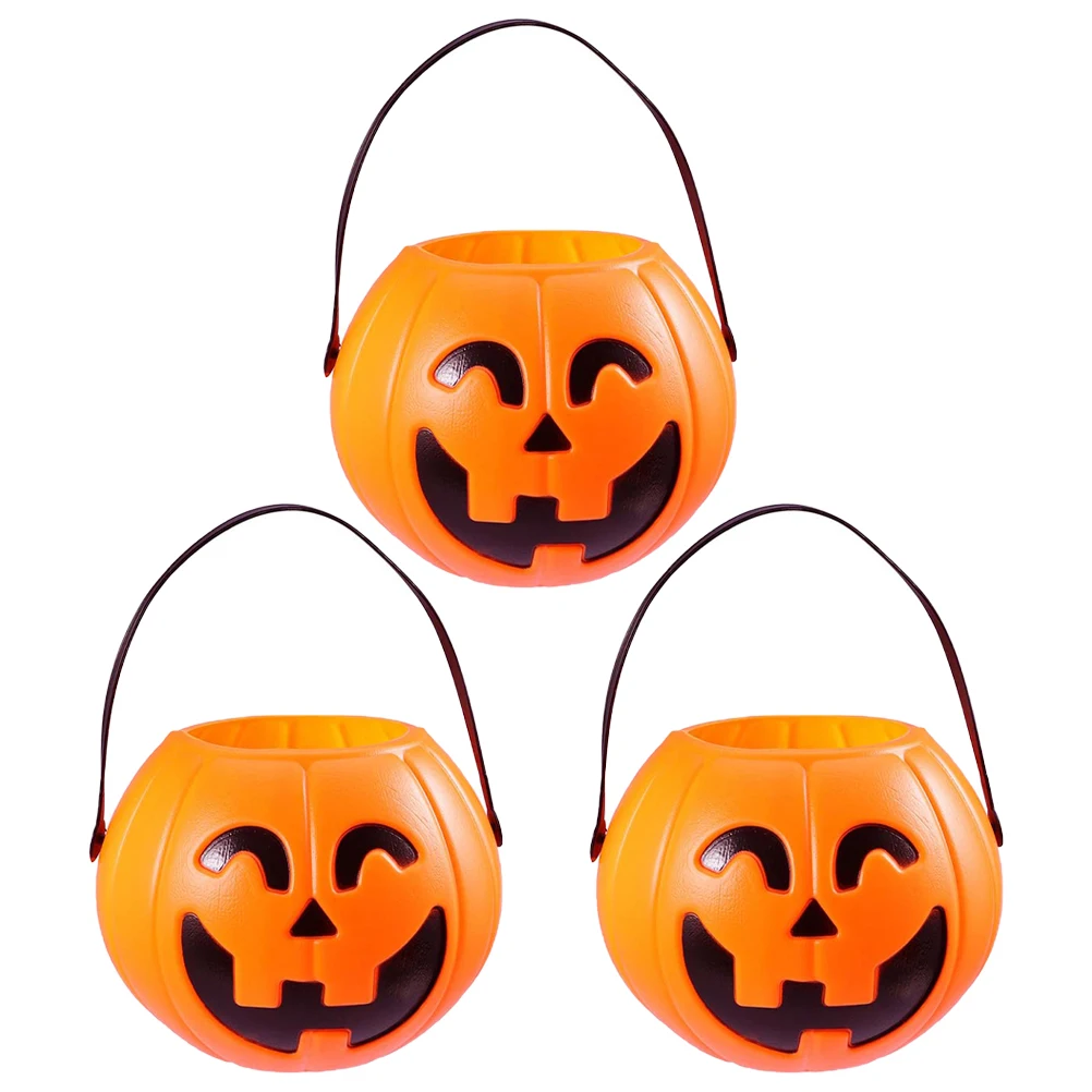 

3pcs Pumpkin Bucket Candy Holder Plastic Kids Props Trick-or-treat Halloween Party Tableware Multifunctional Storage Pumpkin