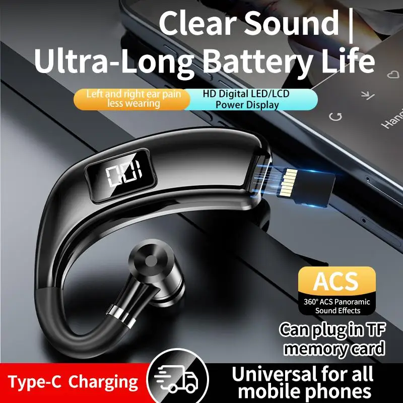 Ear Hook Bluetooth Headphones Single-ear Wireless Earphone For Business Driver Car LED Display & Long-Lasting Power