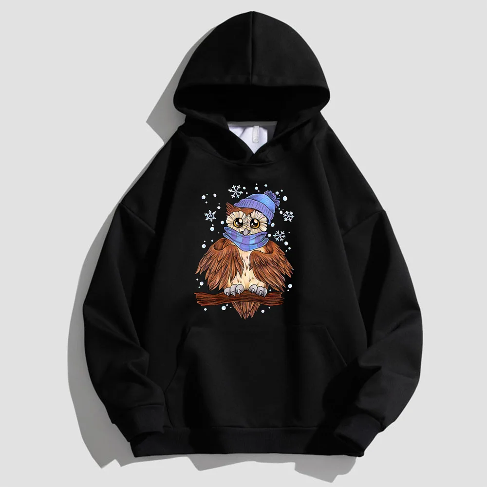 

Men's and Women's Pure Cotton Fleece Sweatshirt Cute Owl with Scarf in Snow Winter Gift Pattern Print Christmas Party Hoodie Y2k