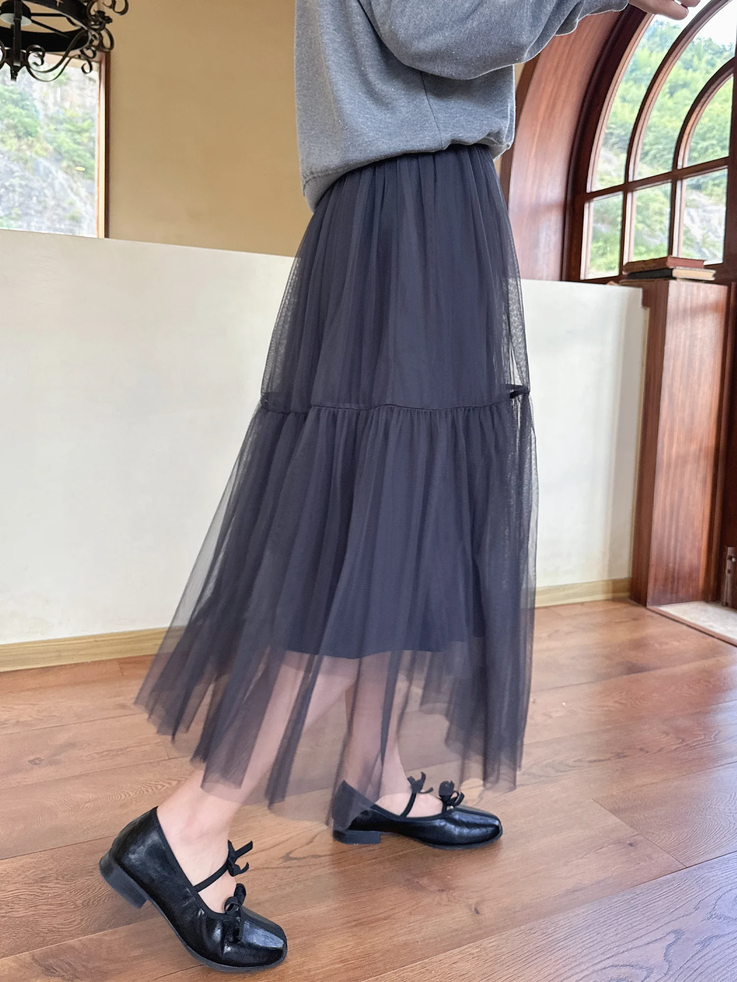 

Zillal Purple Cloud Lace Skirt Women's Lightweight Fluffy Splicing Pleated Net f-length Casual High-waist A-line Skirt