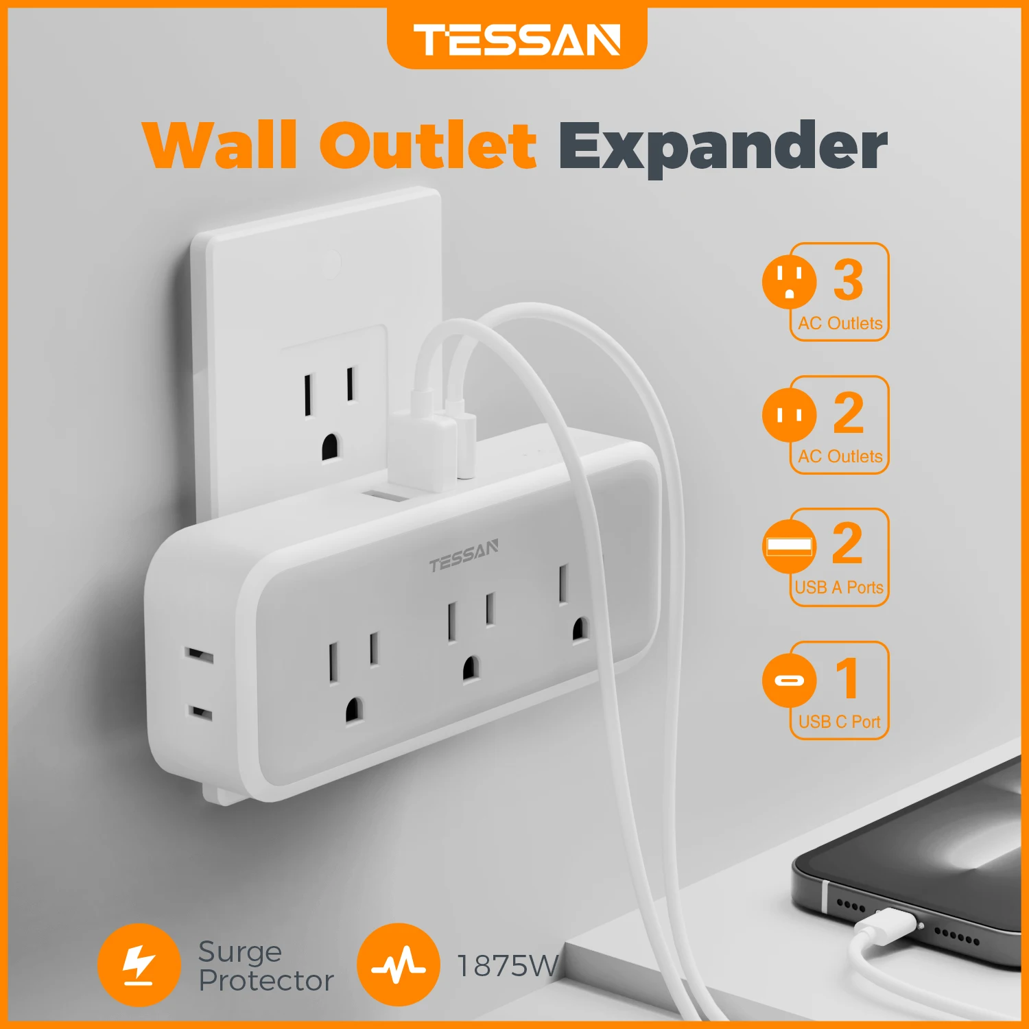 TESSAN Multi Plug Outlet Extender with 5 Outlets & 3 USB (1 USB C), Electrical Power Expander with Surge Protector Spaced