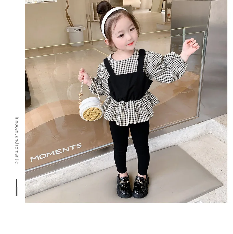 Girls' spring  autumn clothes 2023 new children's long-sleeved plaid fake two-piece  shirts + leggings two-piece suit