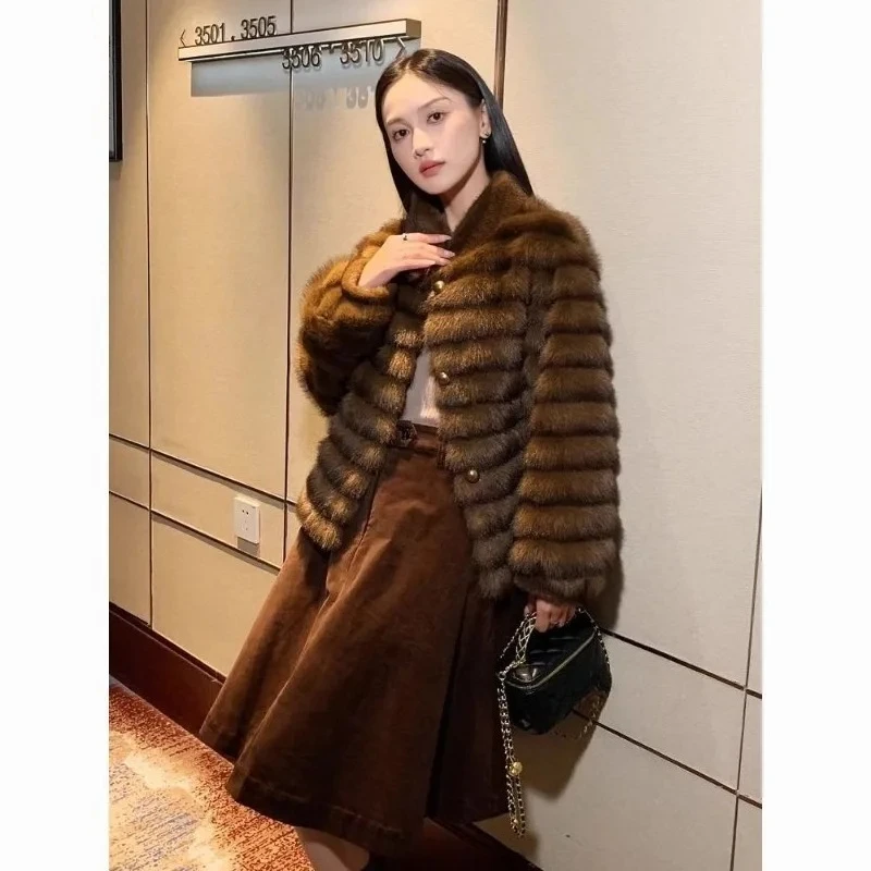Mantel Bulu Imitasi Mink Ungu Ramah Lingkungan, Model Longgar Kerah Tegak untuk Musim Gugur dan Musim Dingin, Mantel Pendek Wanita dengan Sentuhan Mewah
