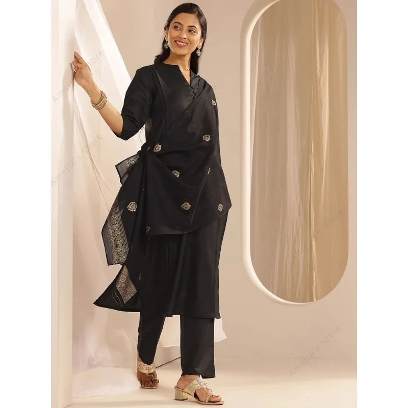 طقم نسائي من قماش الجاكار الأسود كورتا بانت دوباتا مكون من 3 قطع بدلة عرقية هندية أنيقة لملابس رسمية احتفالية فستان باكستاني