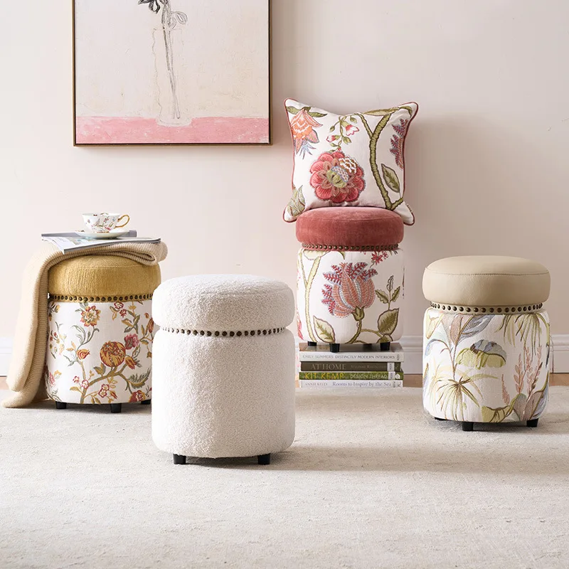 Small small round stool makeup  adult round pier sofa stool fabric solid wood shoe changing stool low