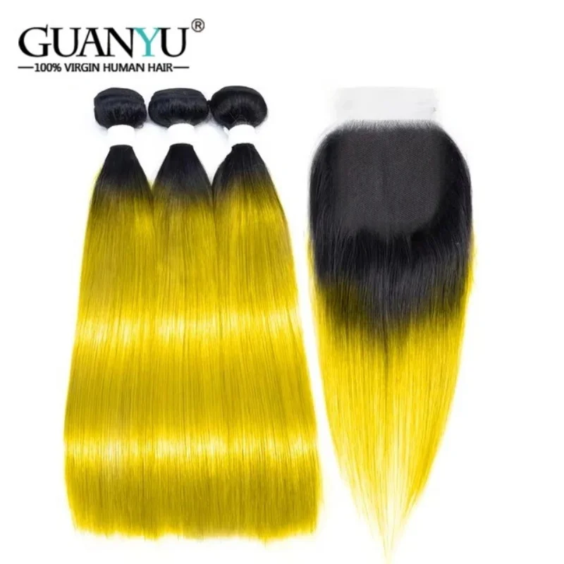 

Омбре # 1B/Желтые прямые пучки волос с застежкой, бразильские утки человеческих волос, 3 пучка с кружевной застежкой 4x4