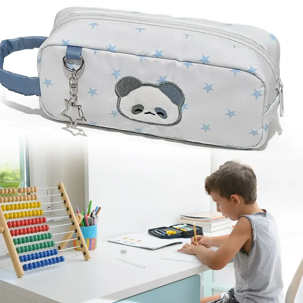 Multifunktionale weiße Stifttasche, großes Fassungsvermögen, Federmäppchen mit Stern-Panda-Muster, tragbarer Hand-Organizer für Schreibwaren, Geschenk