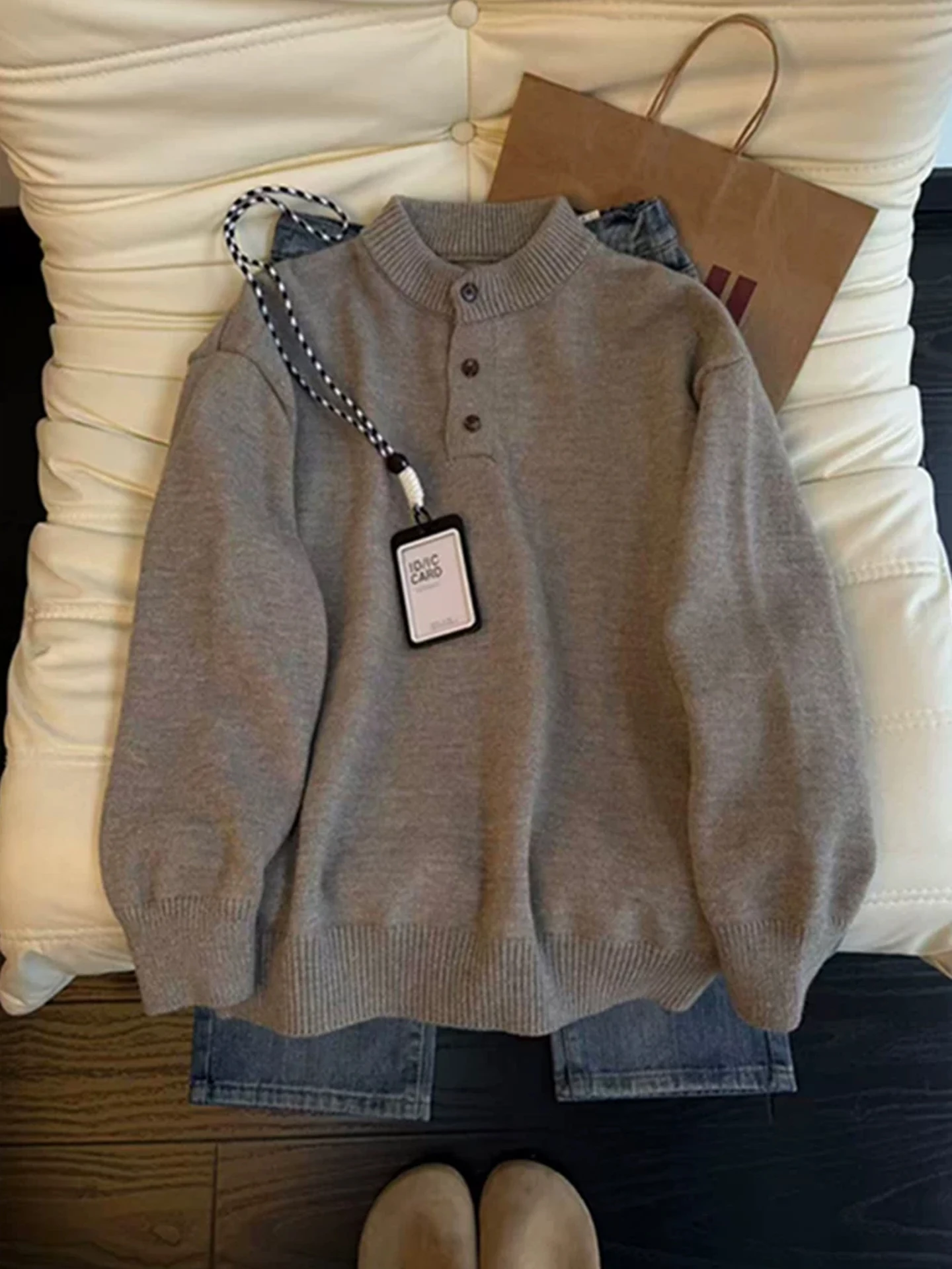 

American Retro Men's Knitted Sweater Henry Collar Thiened Winter Leisure Loose Fit Inner Wear Comfortable Soft Long Sve