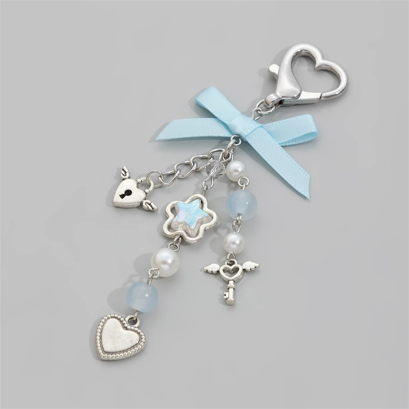 Korean Style Blue Ribbon Bow Keychain Heart Wings Pendant Simple Imitation Pearl Hanging Ornaments Women Accessories