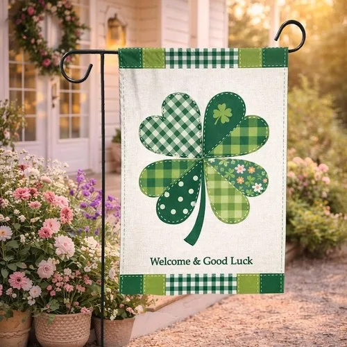 Custom St. Patrick’s Day Garden Flag, Shamrock Patchwork Garden Flag, Green Clov UUI GGX