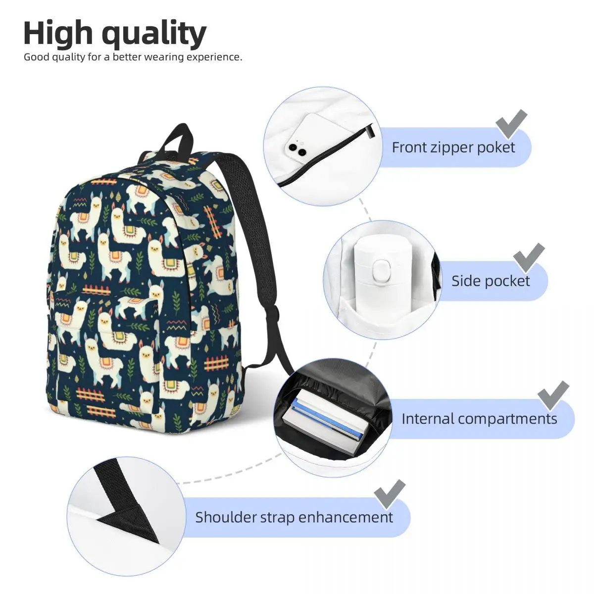 Cute Alpaca Pattern School Bookbag para homens e mulheres, mochila estudantil, Middle High College Travel Daypack