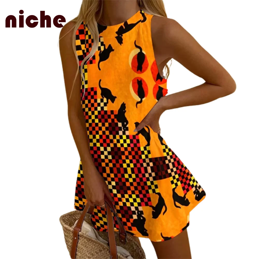 Ladies Sleeveless Dress Halloween Retro Kitten Graphic Print High Quality Cotton And Linen Fashion Trend New Beach Skirt