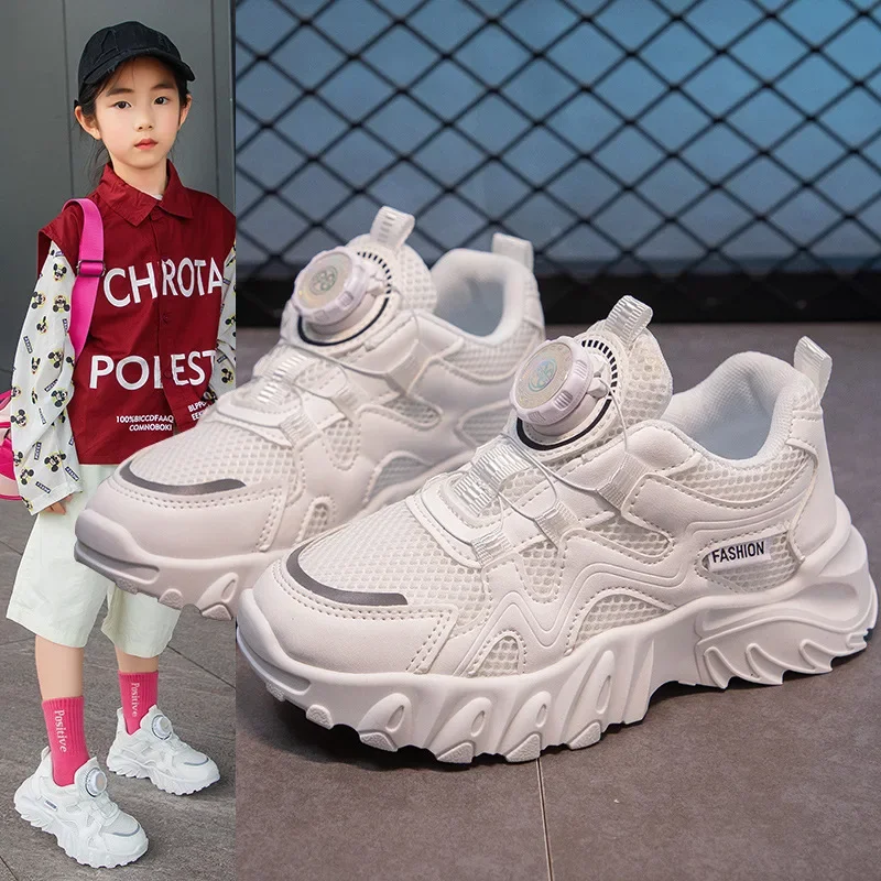 Zapatillas deportivas transpirables para niños y mujeres, zapatos blancos pequeños con botón giratorio, nueva moda de primavera, 2024