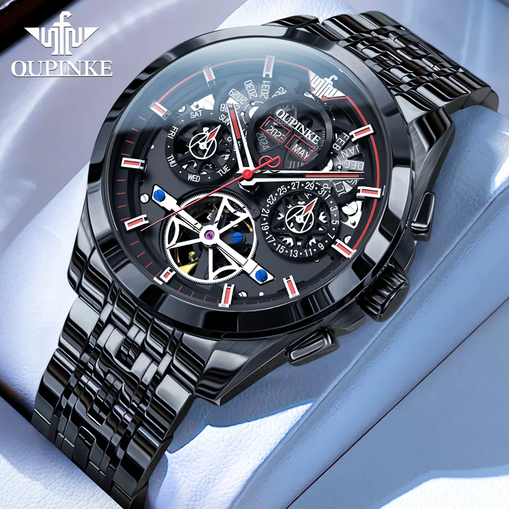 OUPINKE 3235 Mens Watch Multi Functional Calendar Skeleton Black Stainless Steel Automatic Mechanical Hand Clock Man