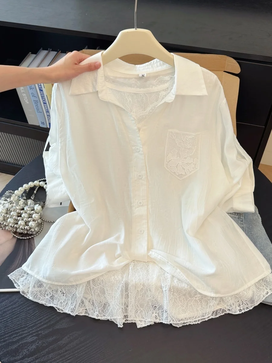 

plus Size Women's Shirt Lace Splice Shoulder Loose Belly Covering Slimming Summer Spring Turn-down Collar Fake Two-Piece Blouse