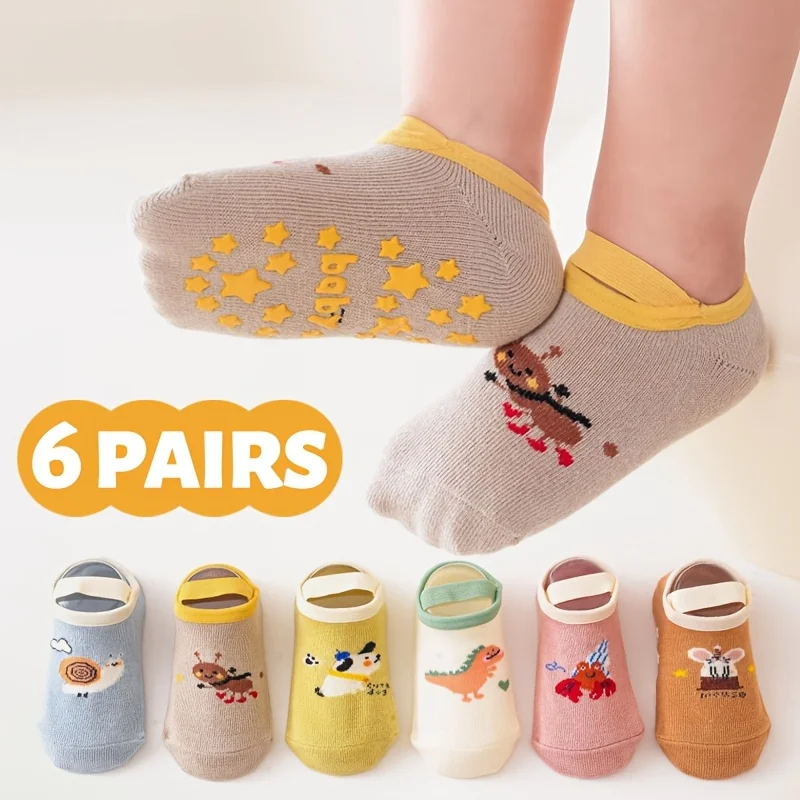 6 pairs of boys and girls' anti slip socks with cute cartoon animal patterns, comfortable and breathable baby floor socks
