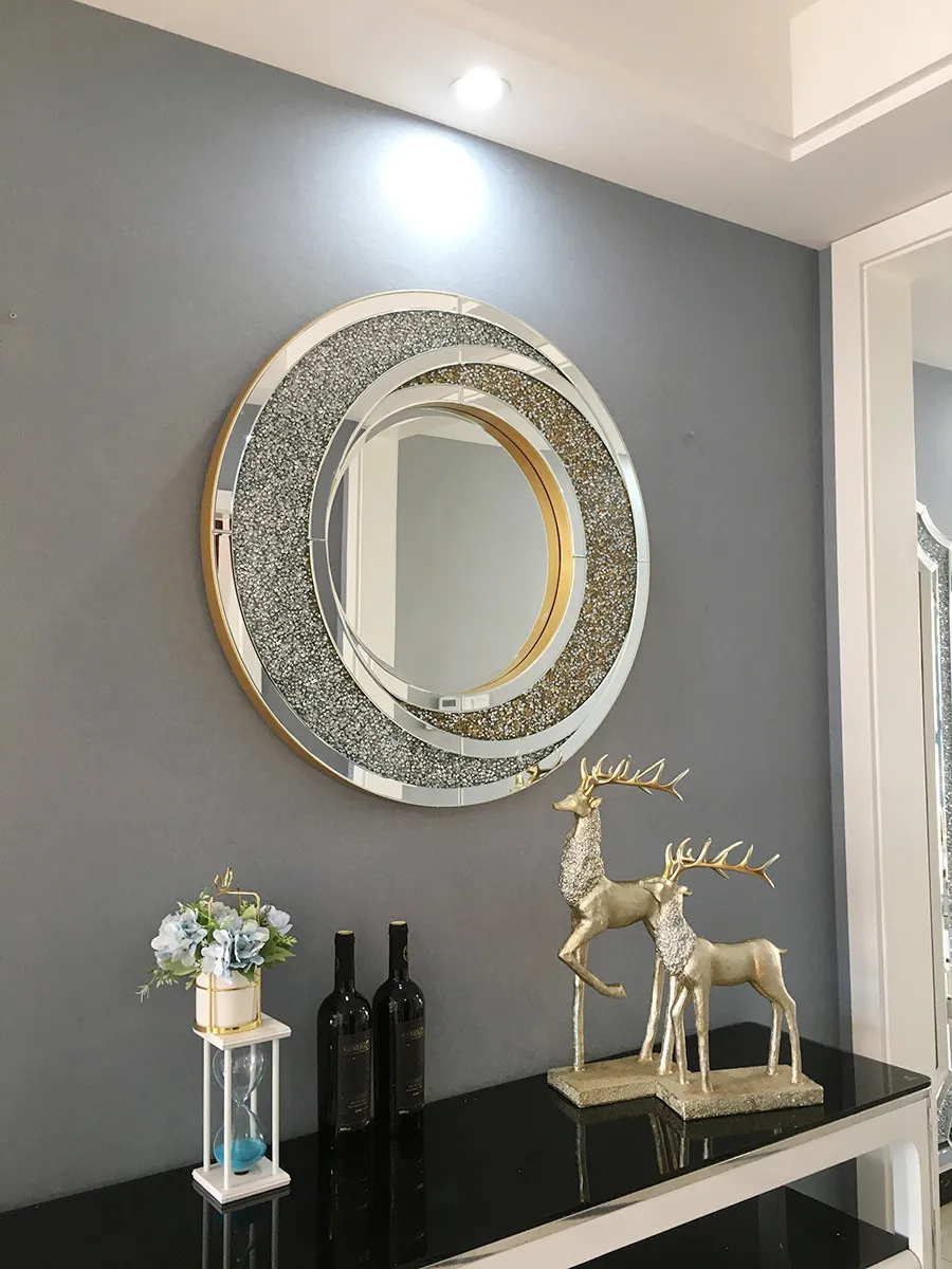 Living room light luxury fashion round art decorative mirror wall hanging creative exhibition hall sample background wall diamon