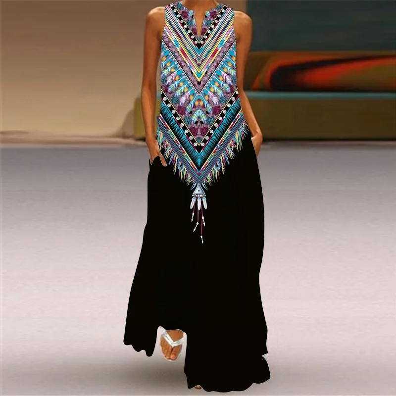 

Bohemian Maxi Dress with Pockets for Women Loose Summer Clothing Printed Ankle-Length A-Line Dresses