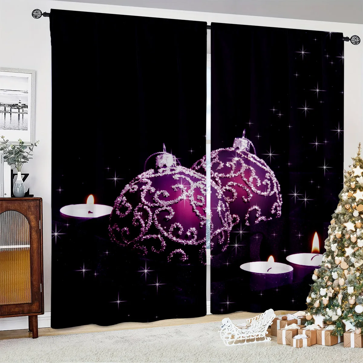 Curtains Featuring A Purple Christmas Bauble Print—A New Year's Gift, Suitable For Decorating Dining Rooms And Children's Rooms.