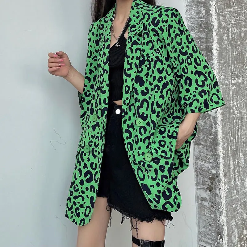 

Suit jacket women's summer thin leopard print loose medium and long oversize short-sleeved small suit top ins tide