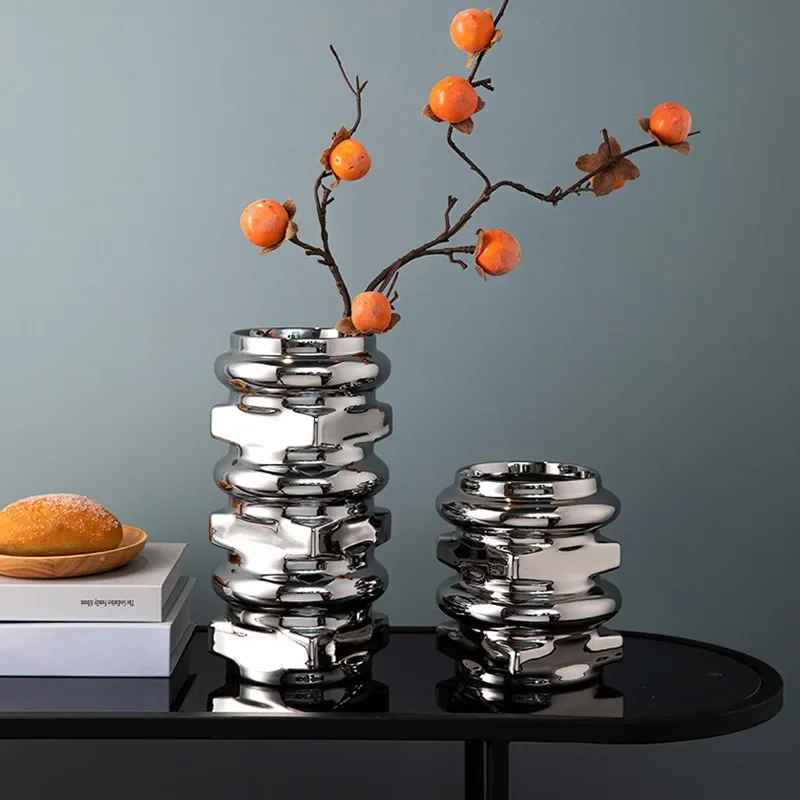 Modern creative silver plated ceramic vase ornaments,living room bedroom desktop flower arrangement container Decorate Wedding