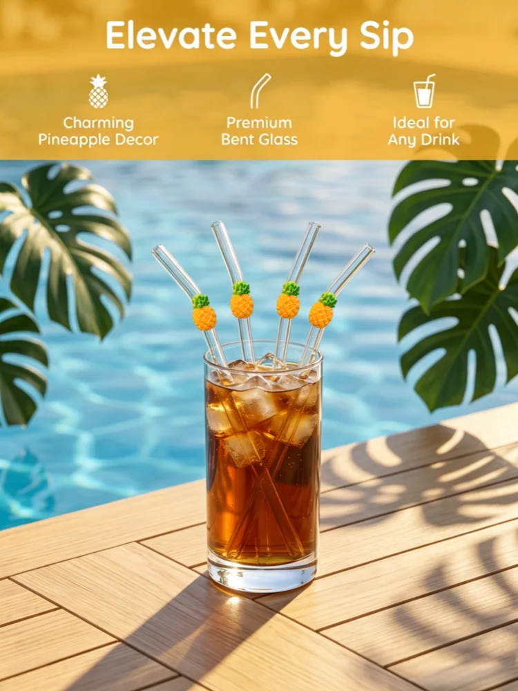 1/1/5PCS Pineapple Decor Glass Straw for Hot Cold Drinks, Camping Wedding Supply, Kitchen Decor, Holiday Gift & Party Photo Prop