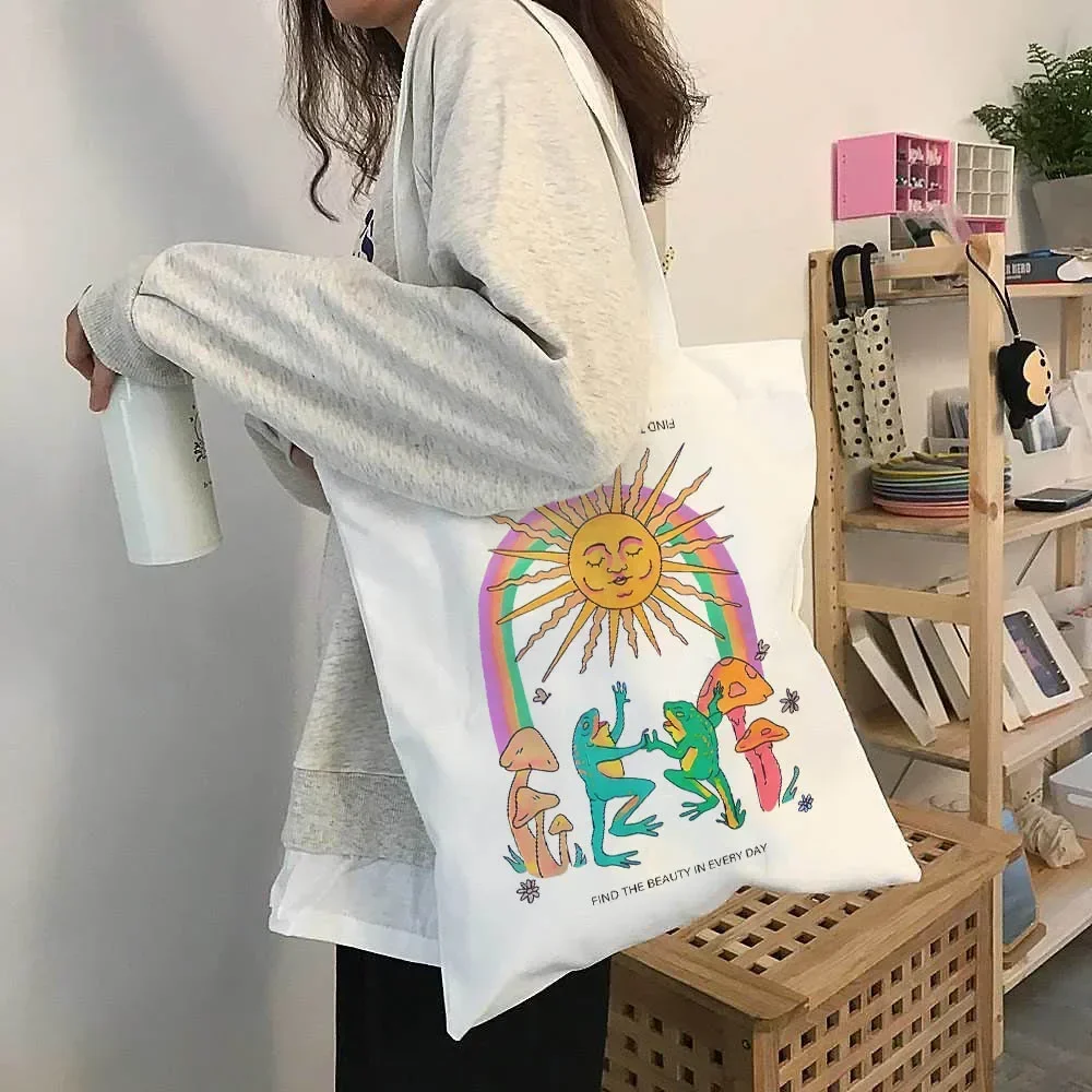 Vintage Frog Print Canvas Bag Large Capacity Harajuku Shopper Bags Cartoon Women Shoulder Bag Casual Fashion Tote Bolso Shopper