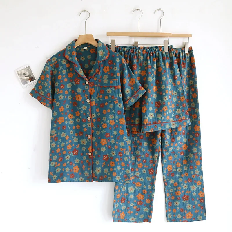 

Three Piece Set Cotton Jacquard Yarn Dyed Home Clothes for Women Spring and Summer Short Sleeved Shorts and Long Pants Set