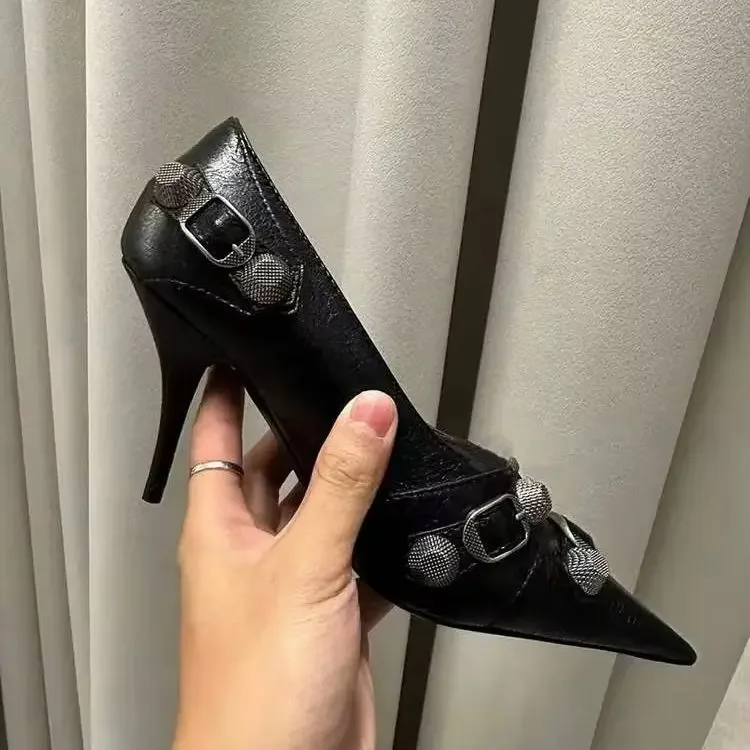 

Women New Rivet Slip On Pumps Metal Zipper Motorcycle Style Belt Buckle Pointed Toe Knee High Shoes Aged-silver Studs High Heels