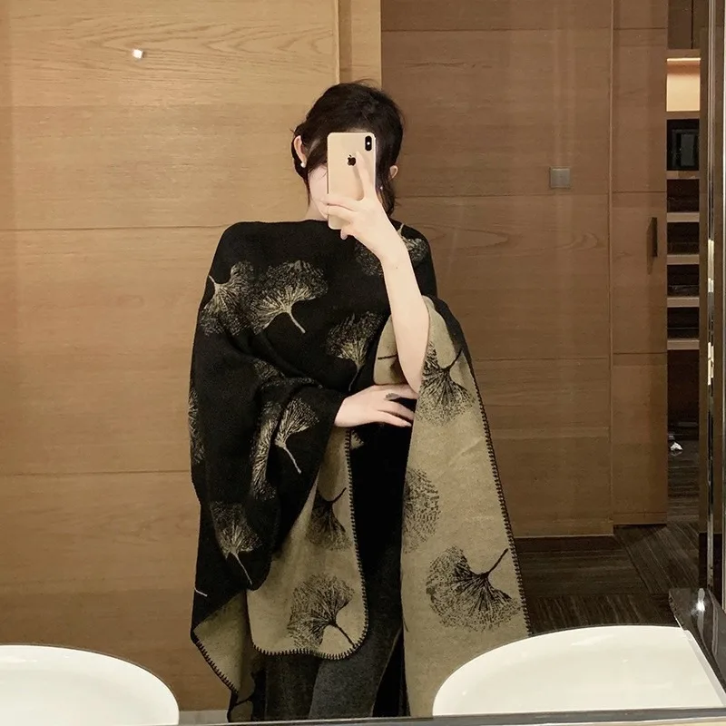 

Autumn and winter imitation cashmere ginkgo biloba knitted scarf split cloak cloak