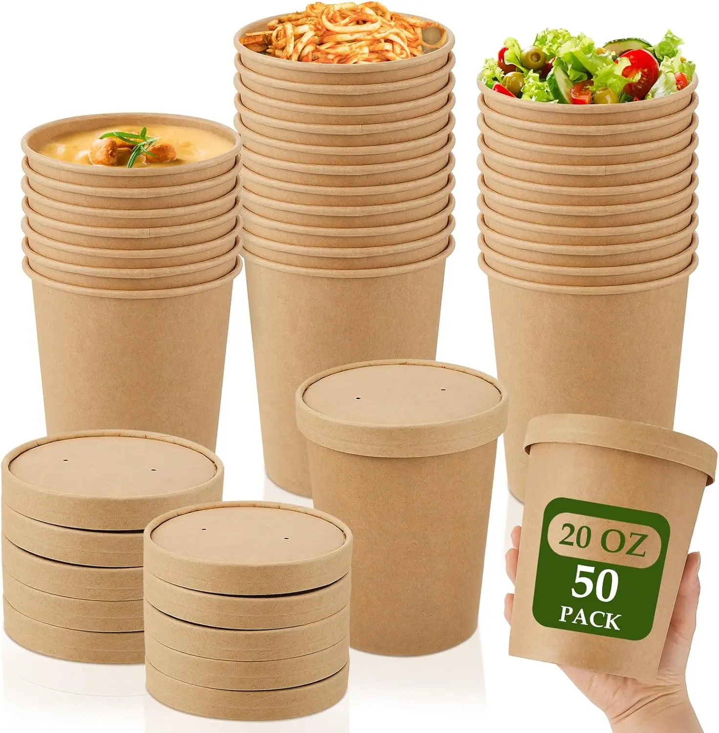 

50 Pack 20 oz Paper Soup Containers with Lid Disposable Kraft Soup Food Bowl Microwavable Food Storage Ice Cream Contain