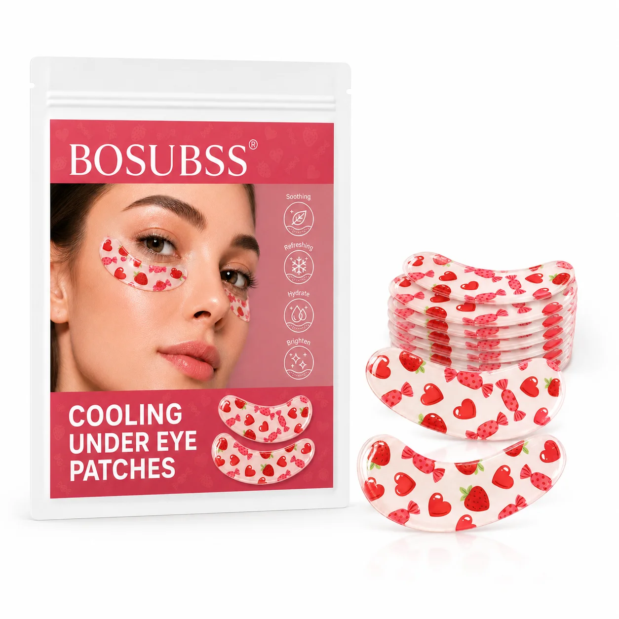 5Pairs/10PCS Cute Strawberry Under Eye Patches, Candy & Heart Printed Crescent Eye Masks for Sweet Self-Care and Beauty Routines