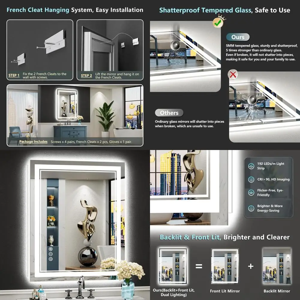 

36 LED Illuminated Bathroom Mirror, Backlit Vanity with 3-Color Dimmable Lights, Memory Function, Shatterproof Tempered Glass, H