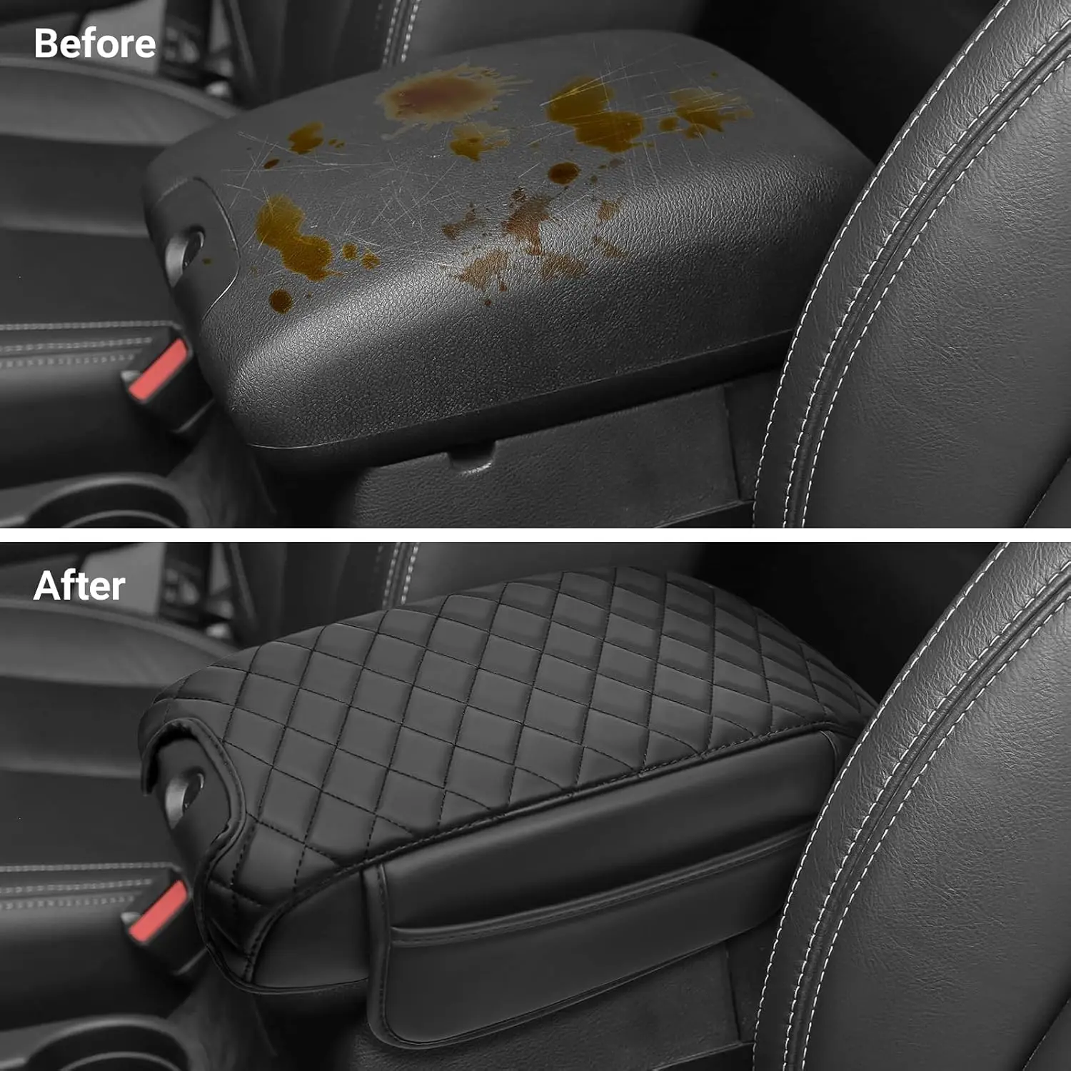 غطاء مسند ذراع وحدة التحكم المركزية متوافق مع ملحقات جيب رانجلر JK لعام 2011-2017 غطاء مسند الذراع من الجلد الأسود مع