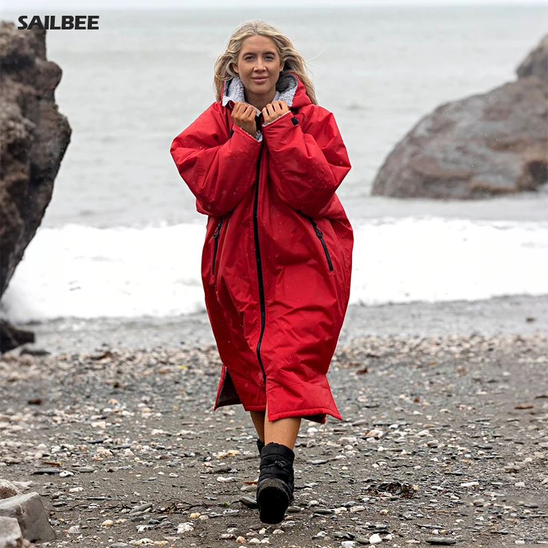 Waterproof Surf Changing Robe Hooded Cloak Beach Surfing Pool Outdoor Coat Lamb Wool Jacket Lining Anorak Raincoat Unisex Bath