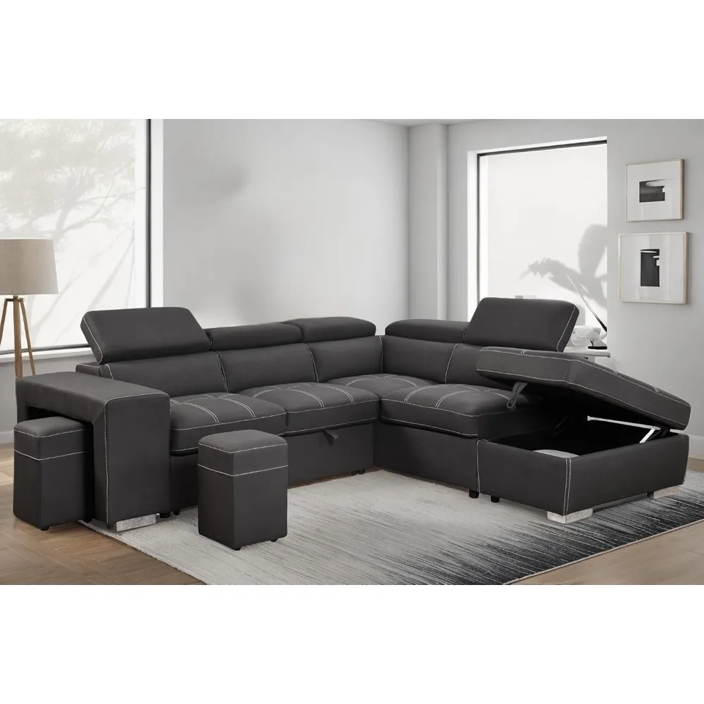 104'' Microfiber Sectional Sleeper Sofa with Pull-Out Bed, Sofa with Chaise & Storage Ottoman. 5 Seater L-Shaped Couch with