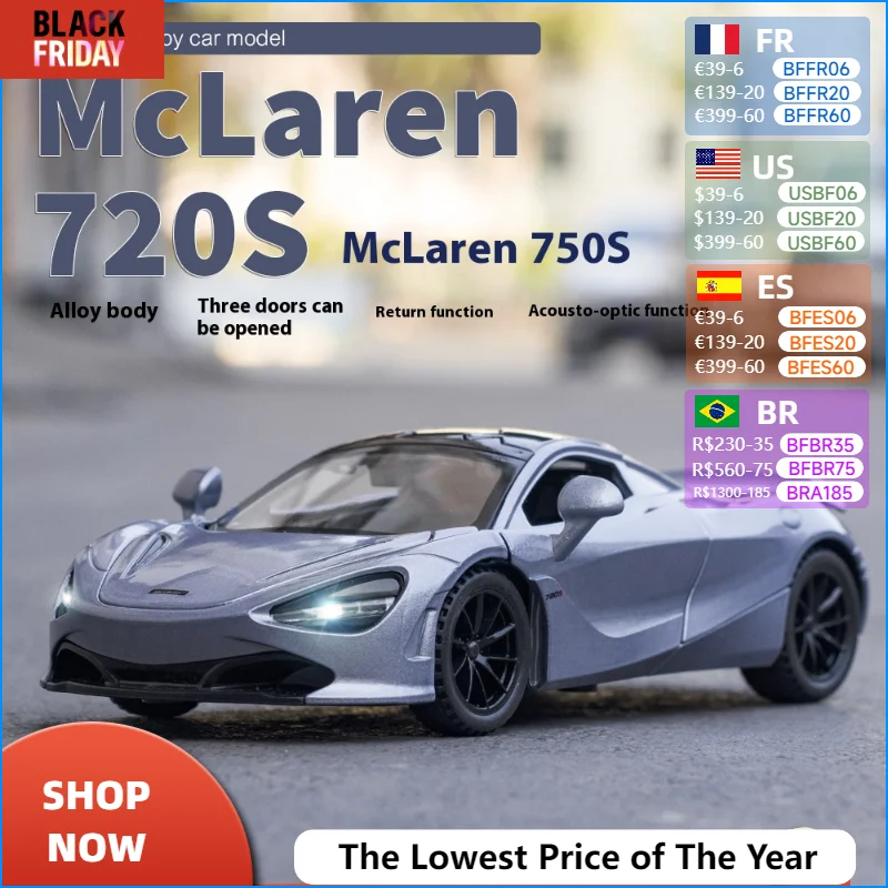 1:32 McLaren 720s Sports Car High Simulation Alloy Metal Diecast Model Car Sound & Light Gifts For Boyfriend Present With Boys